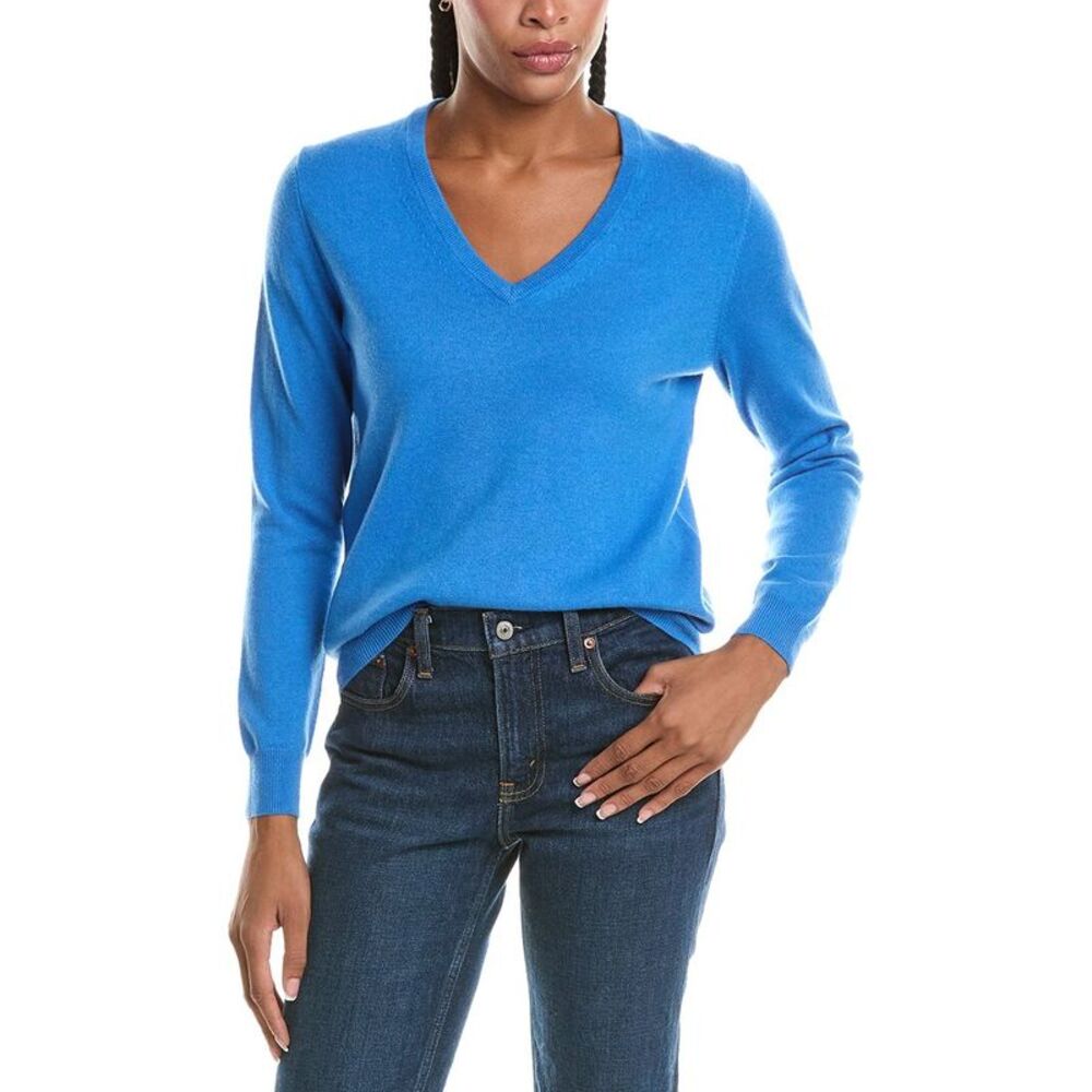 N.Peal Womens  Phoebe V-Neck 100% Cashmere Sweater, Blue